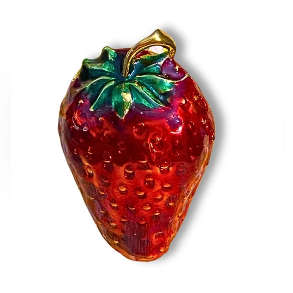 VINTAGE Brooch Pin Red Enamel Strawberry Fruit Green Enamel Leaf on Gold Tone